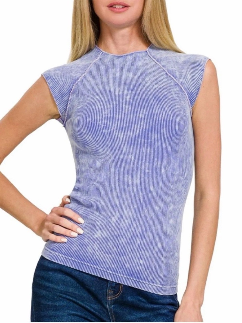 Zenana Ribbed Seamless Short-Sleeve/Cap-Sleeve Top - Washed Black
